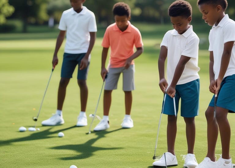 Ghanaian youth taking golf lessons at a sunny local course.