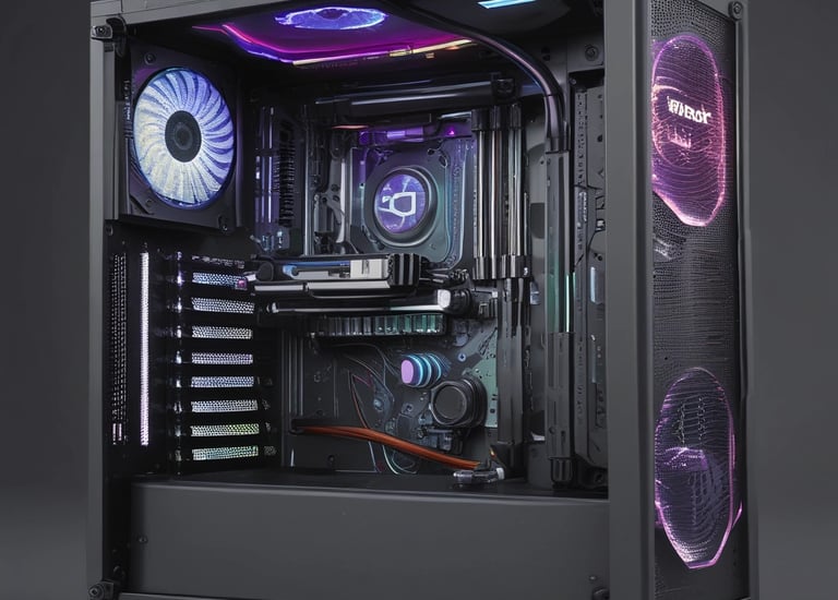 Technician repairing a sleek black desktop computer in a clean workspace.