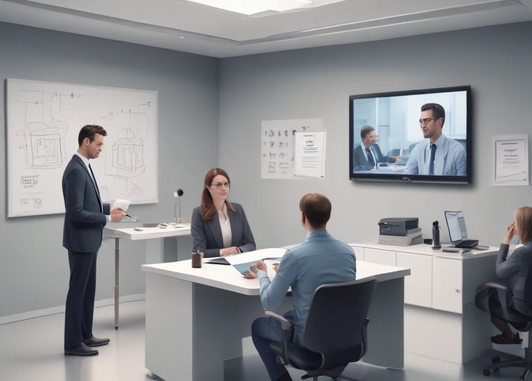 A team of medical and legal professionals collaborating around a table with documents and laptops.