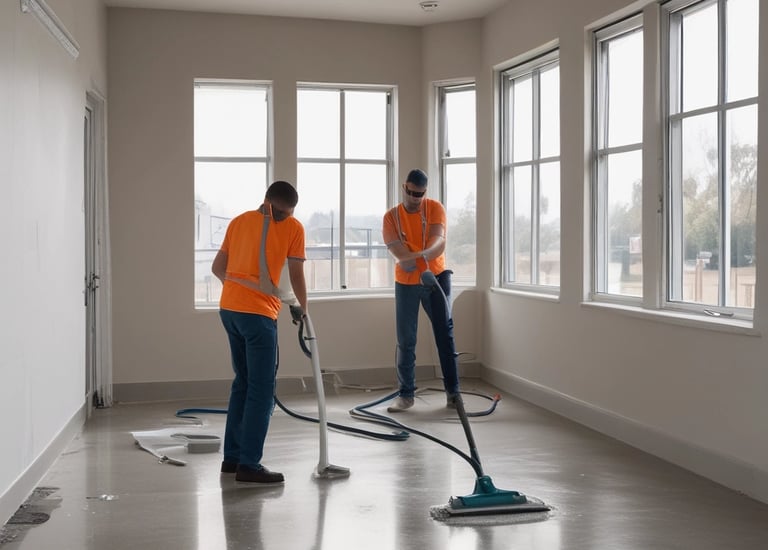 Post-construction site with clean floors and cleared debris, ready for use.