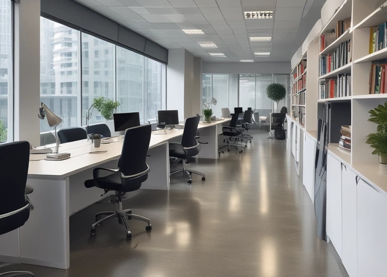 Bright, freshly cleaned modern office space with sparkling floors and tidy desks.