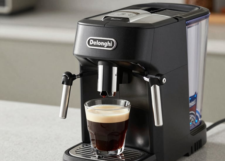 A technician carefully inspecting the internal components of a high-end coffee machine in a cozy kitchen setting.