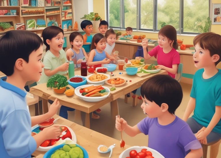 Volunteers teaching children about nutrition using colorful charts