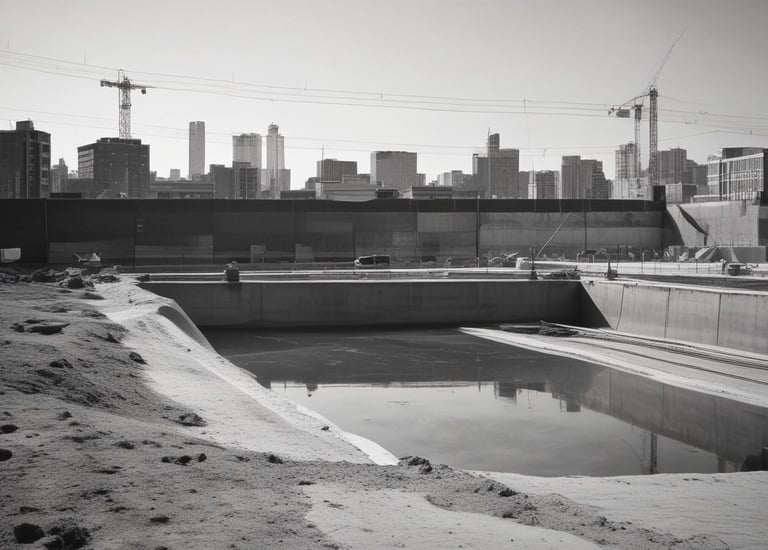 Construction site with workers and machinery actively managing a public building project.
