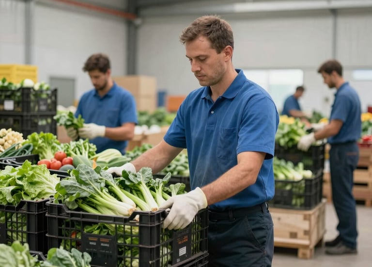 Export containers loaded with crates of vibrant fruits at a port.