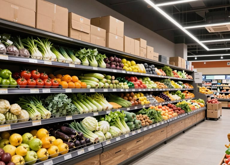 A bustling warehouse with neatly stacked crates of fresh vegetables ready for shipment.