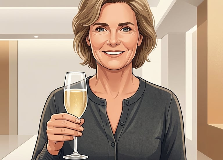 a woman holding a glass of Champagne to celebrate great Exit for his company