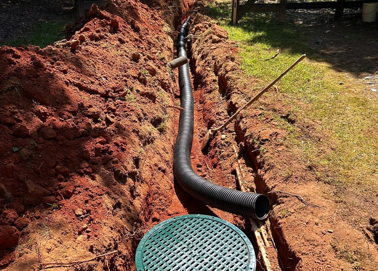 Exposed install of catch basin connected to 6 inch pipe routing water clear off property