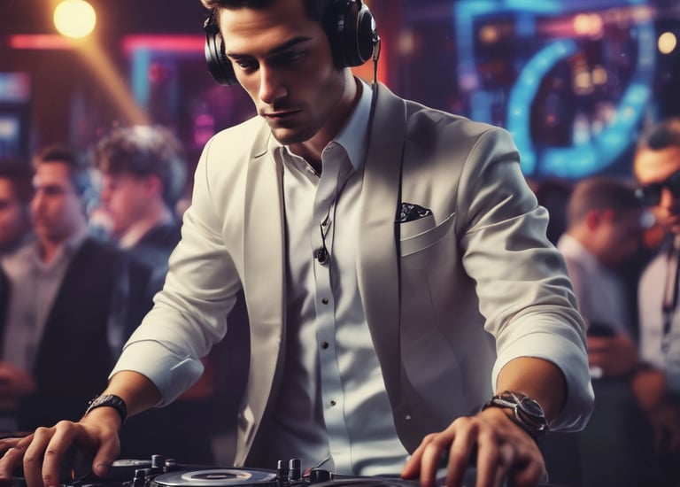 Corporate event with professional DJ playing music and audience enjoying.