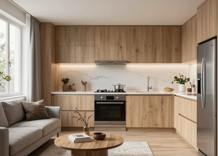 Living room transformation with soft green walls and warm wooden flooring.