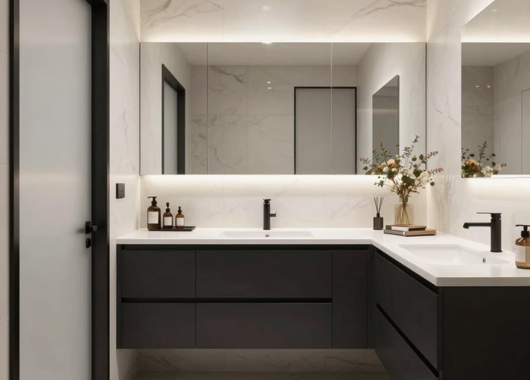 Bright and cozy bathroom remodel featuring beige tiles and natural wood elements.