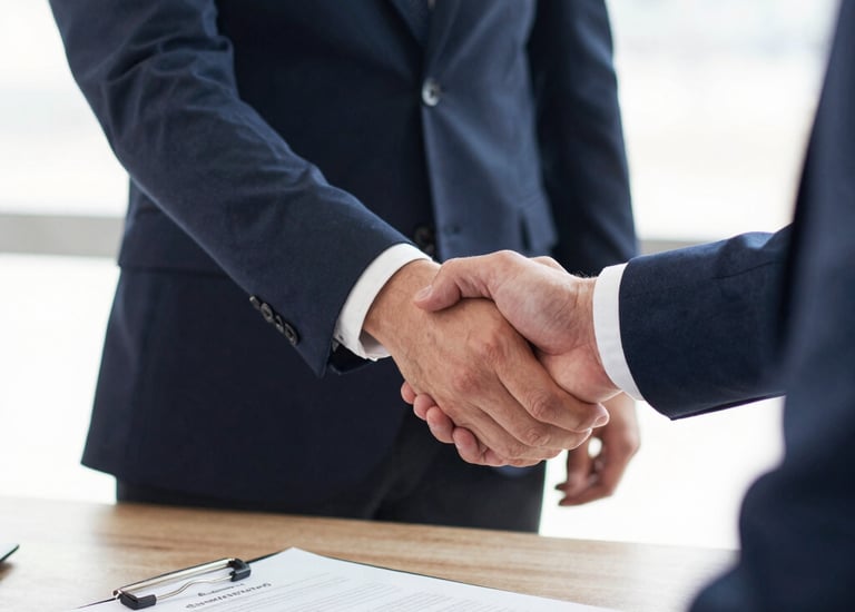Smiling business partners shaking hands in a bright conference room
