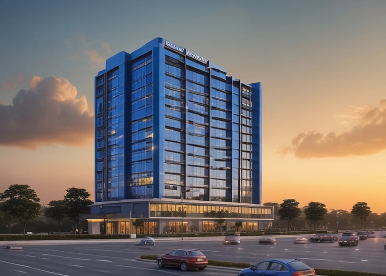 Modern residential building under construction at sunset with scaffolding and workers.
