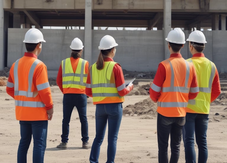 Team members discussing a construction site with hard hats and tablets.
