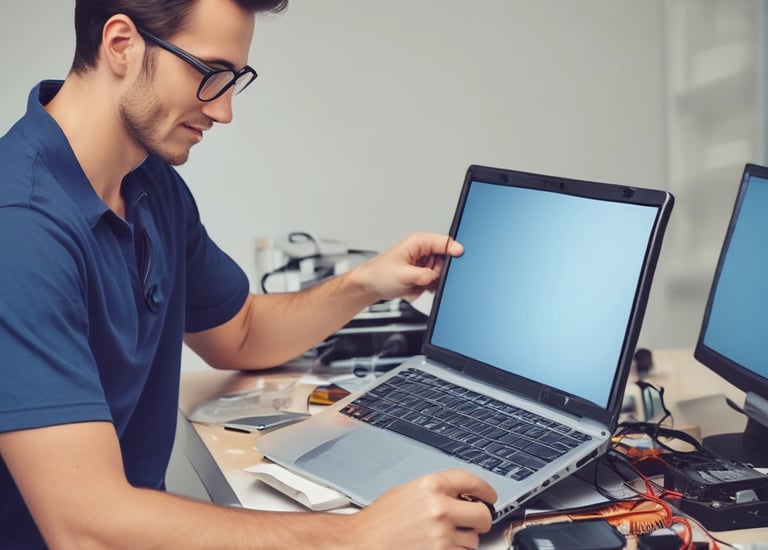 Technician carefully replacing a laptop hard drive inside a cozy home office.