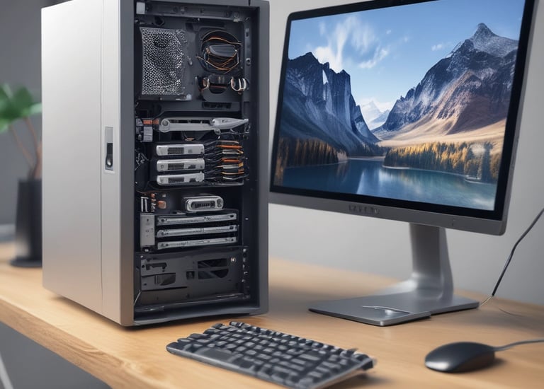 Close-up of a desktop computer with parts being replaced by a skilled technician.