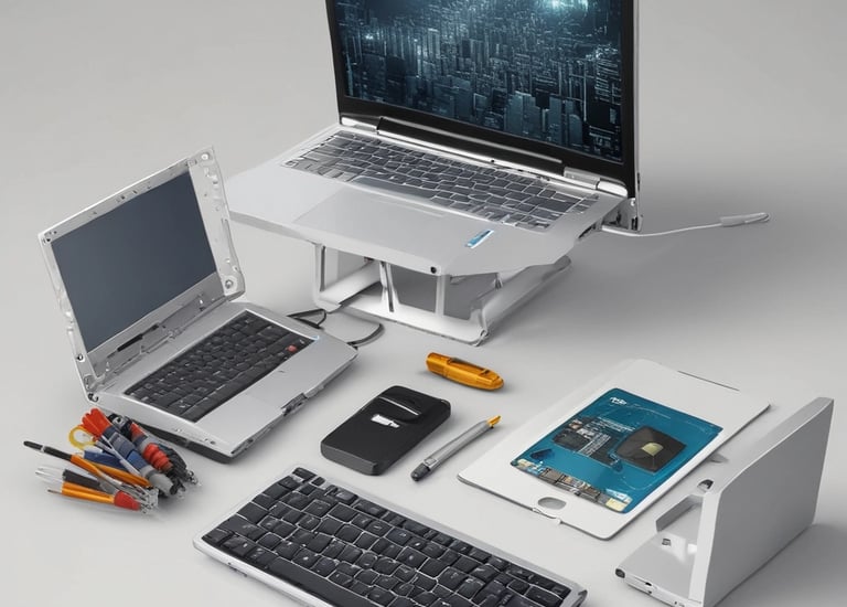 Technician installing antivirus software on a laptop at a customer's home.