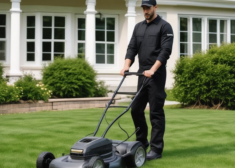 A gardener trimming bushes and maintaining a neat garden