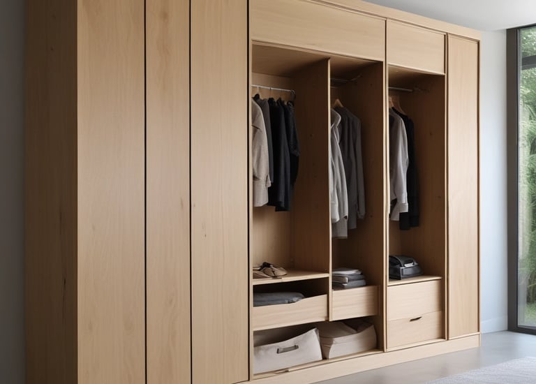 A sleek modern wardrobe with warm wood tones and integrated lighting.