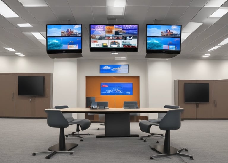 Technician carefully mounting a large flat-screen TV in a commercial lobby.