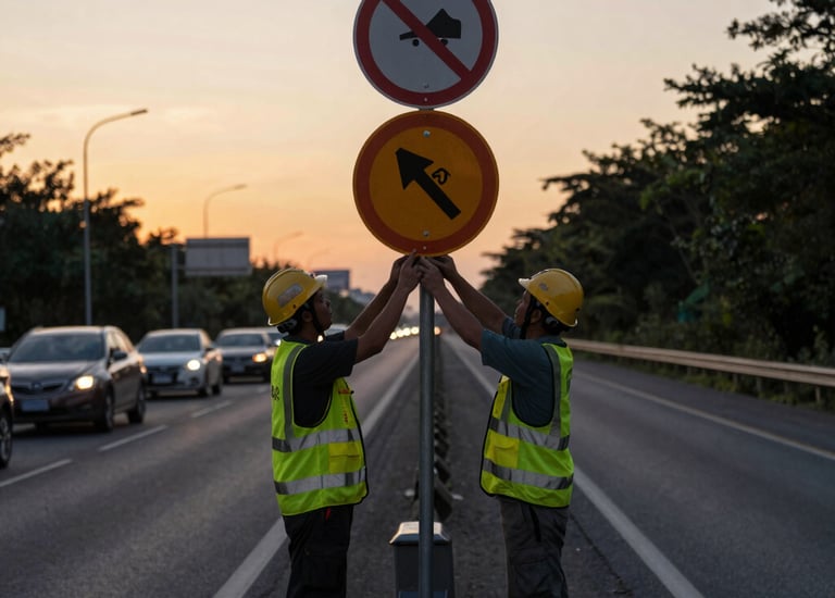 Workers installing reflective road signs on a busy highway at sunset.