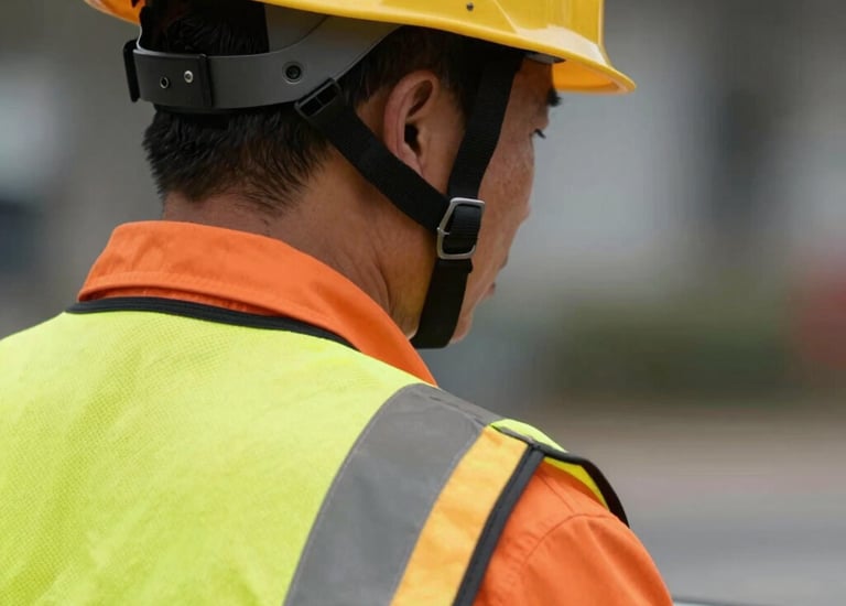 Close-up of a worker wearing a bright yellow reflective vest and helmet.