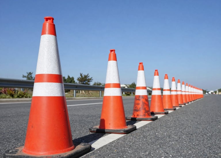 Traffic cones lined up along a freshly paved road under a clear sky.