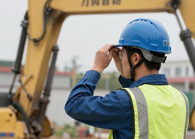 Industrial worker adjusting a safety helmet near construction machinery.