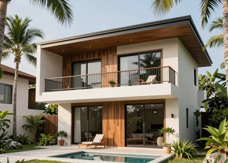Aerial view of eco-villas nestled among lush Andros island greenery.