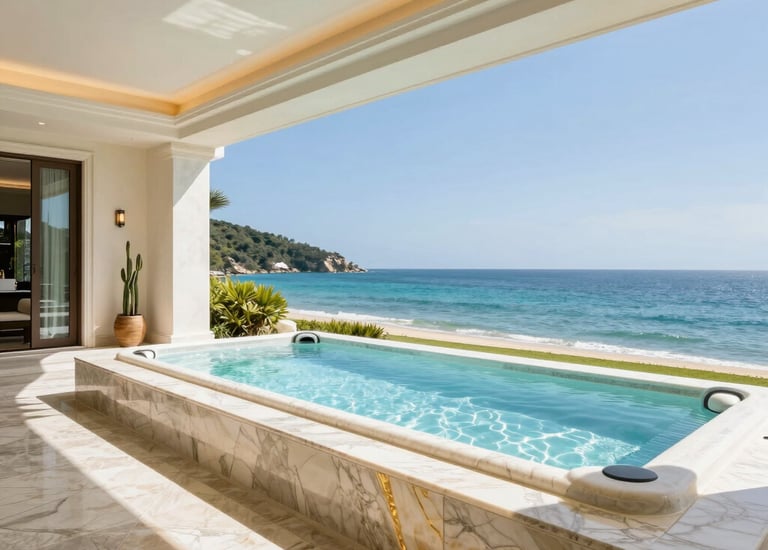 Private infinity pool reflecting the clear blue sky surrounded by tropical plants.