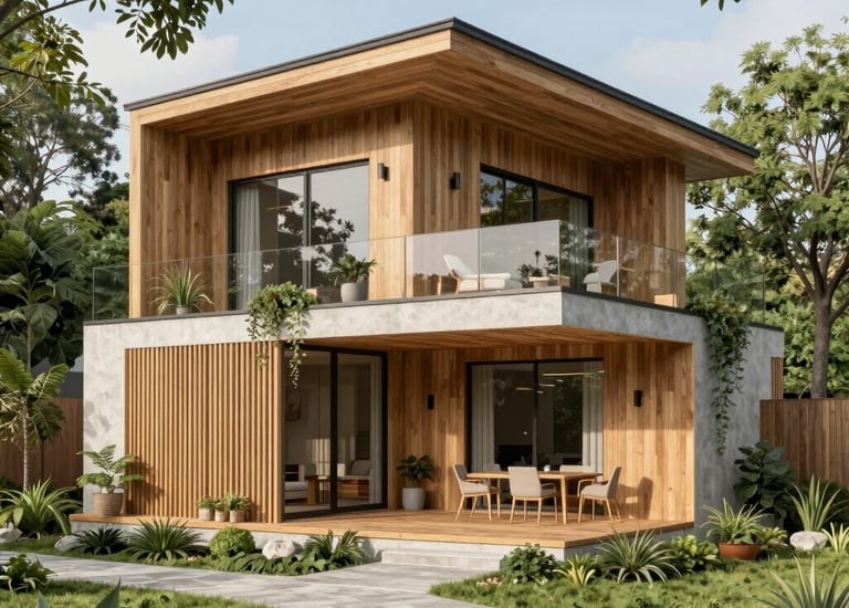Sunset casting golden light over a villa’s sustainable wooden deck.