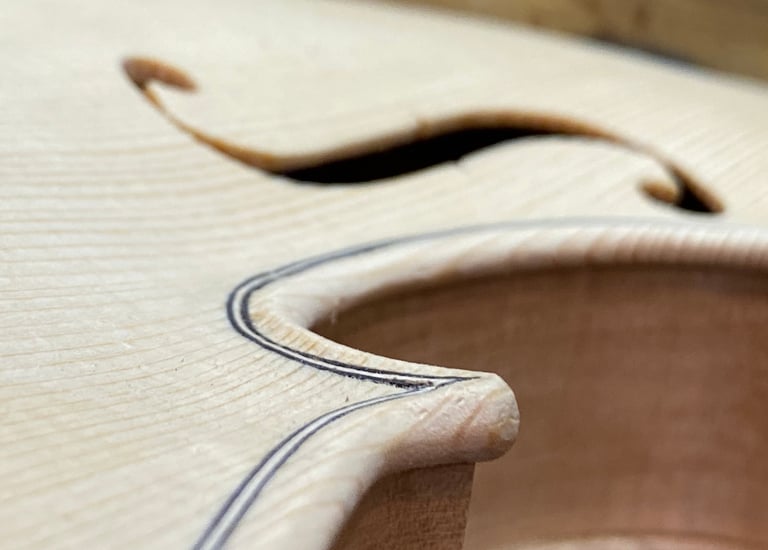 2025 Violin top plate in-the-white showing a close-up of its contours and soundhole.