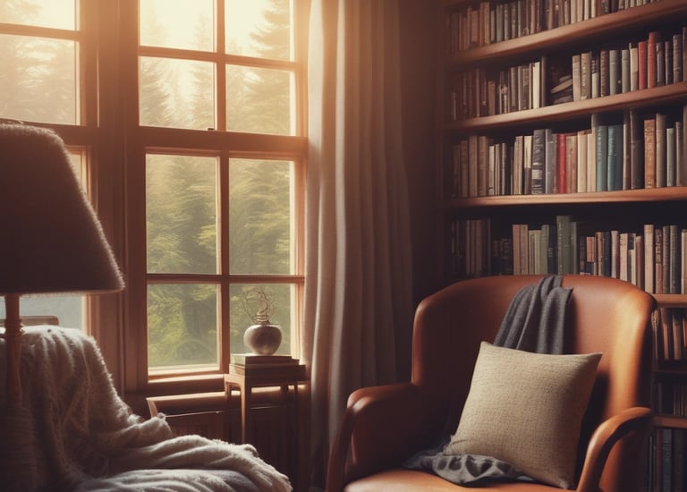 A cozy homeschool nook with natural light and plants surrounding a child working on a nature journal.