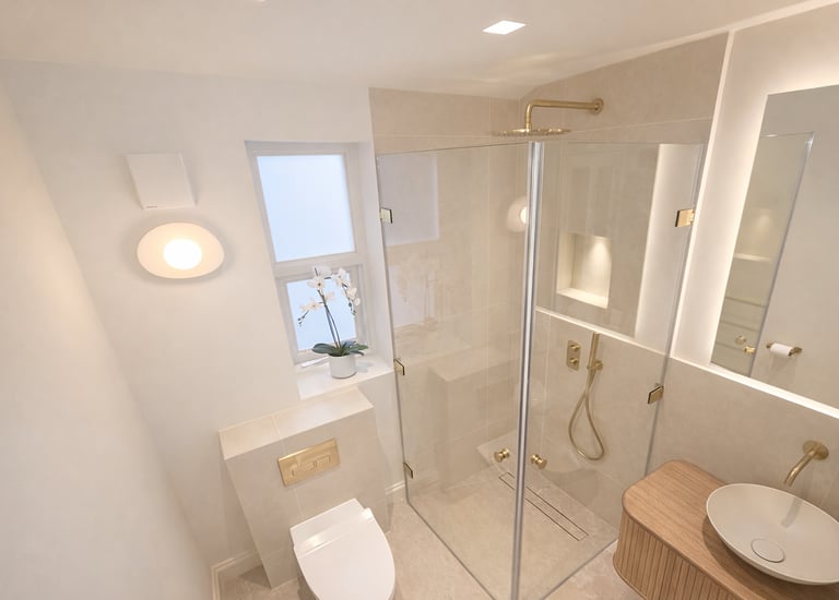 Modern luxury bathroom featuring a glass walk-in shower with gold fixtures and a minimalist vessel sink.