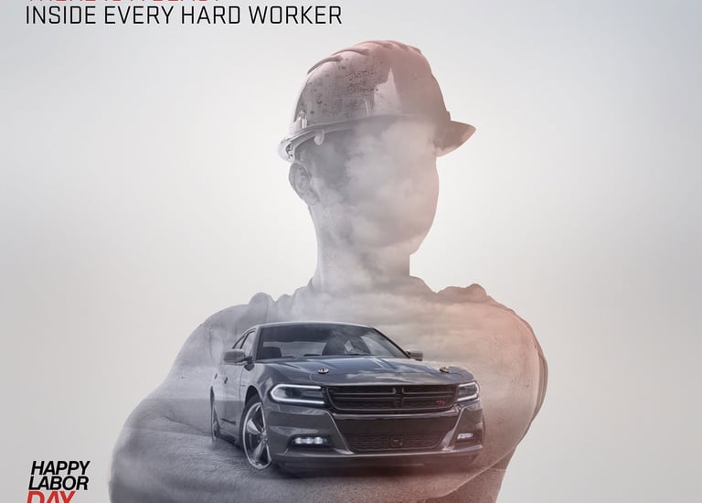 Dodge Labor Day ad featuring a grey Charger muscle car over a double exposure of a construction worker.
