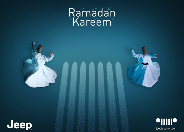 Jeep Ramadan ad campaign featuring a crescent moon motif and high-contrast lighting.