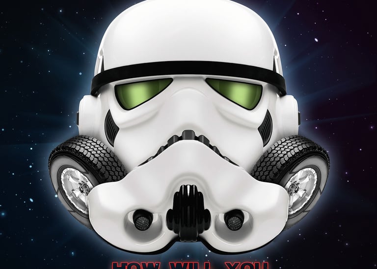 Jeep Star Wars collaboration ad featuring cinematic lighting and galactic-inspired themes.