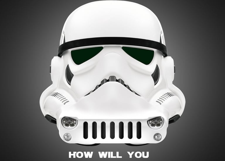 A white Star Wars Stormtrooper helmet with a Jeep vehicle front grille design for a themed celebration.