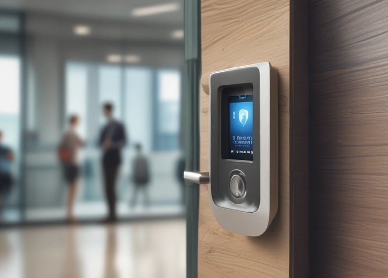 Organized network rack with glowing cables and equipment in a server room.
