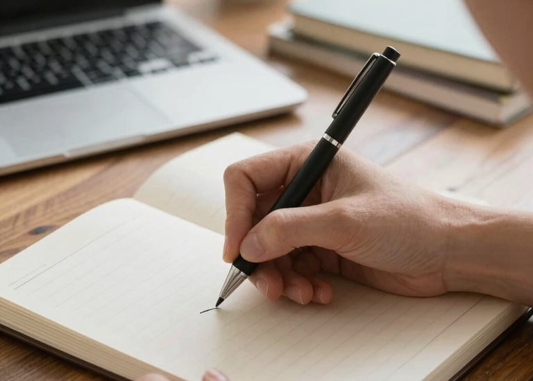 Close-up of hands holding a delicate rose gold pen over paper.