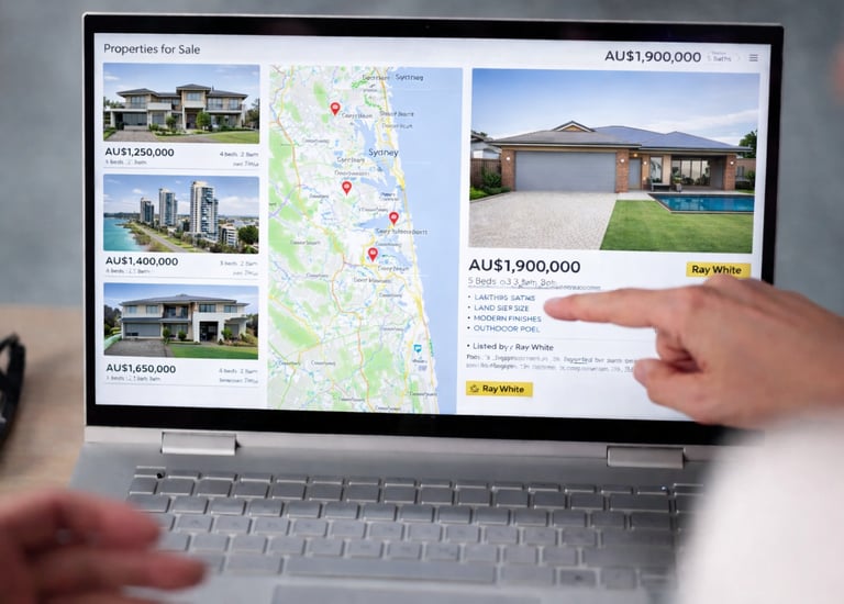 Australian real estate agents reviewing property listings and marketing compliance on desk top computer