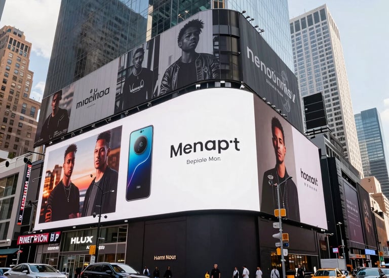 Team collaborating around a table with blue-themed marketing materials.