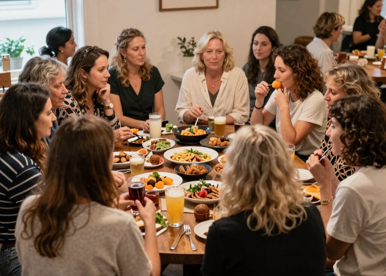 A vibrant group of diverse women laughing and sharing stories in a cozy community room.