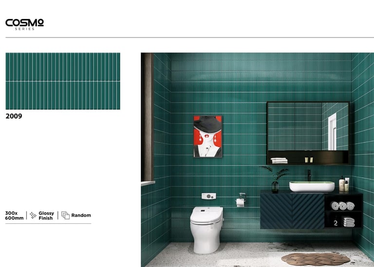 Modern bathroom featuring teal green vertical stack bond kit kat tiles with a glossy finish.