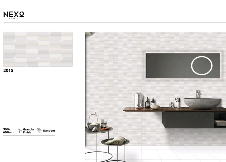 Modern bathroom featuring Nexo Series 2015 textured white wall tiles with a granula finish.