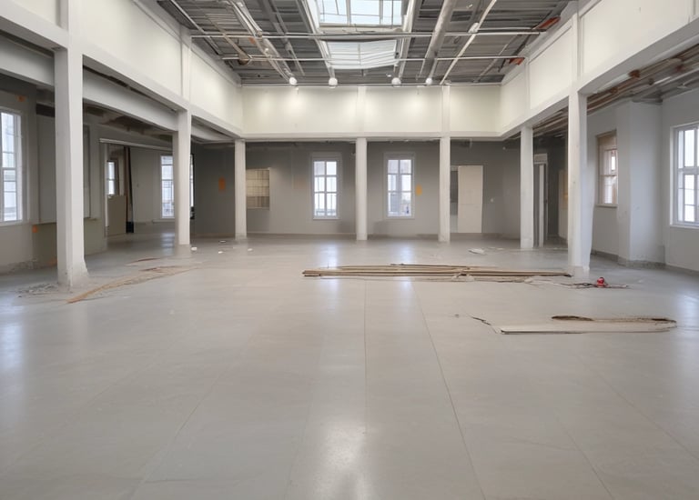 Construction site of a multi-story building with cranes and workers.