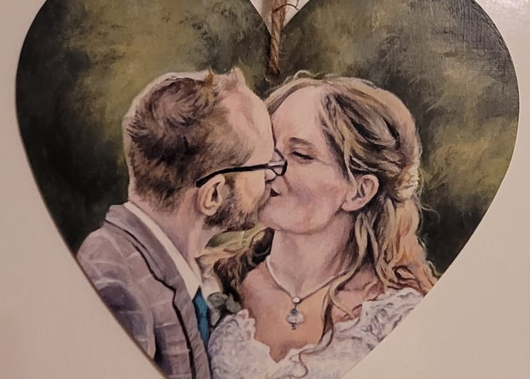 Original acrylic painting on a wooden heart plaque of 2 people by artist Jen Manning