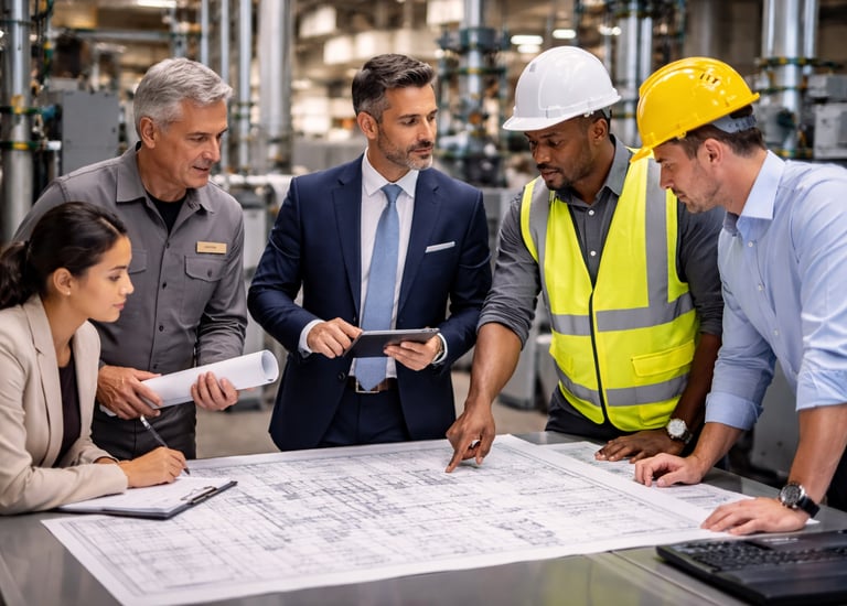 engineers analyzing blueprints in a mechanical room. elite facilities consulting