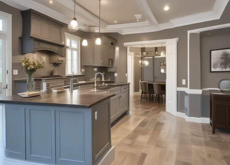 A project manager reviewing blueprints with a homeowner in a bright, partially renovated living room.