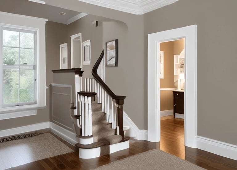 A completed home renovation showing a modern open floor plan with fresh paint and new flooring.